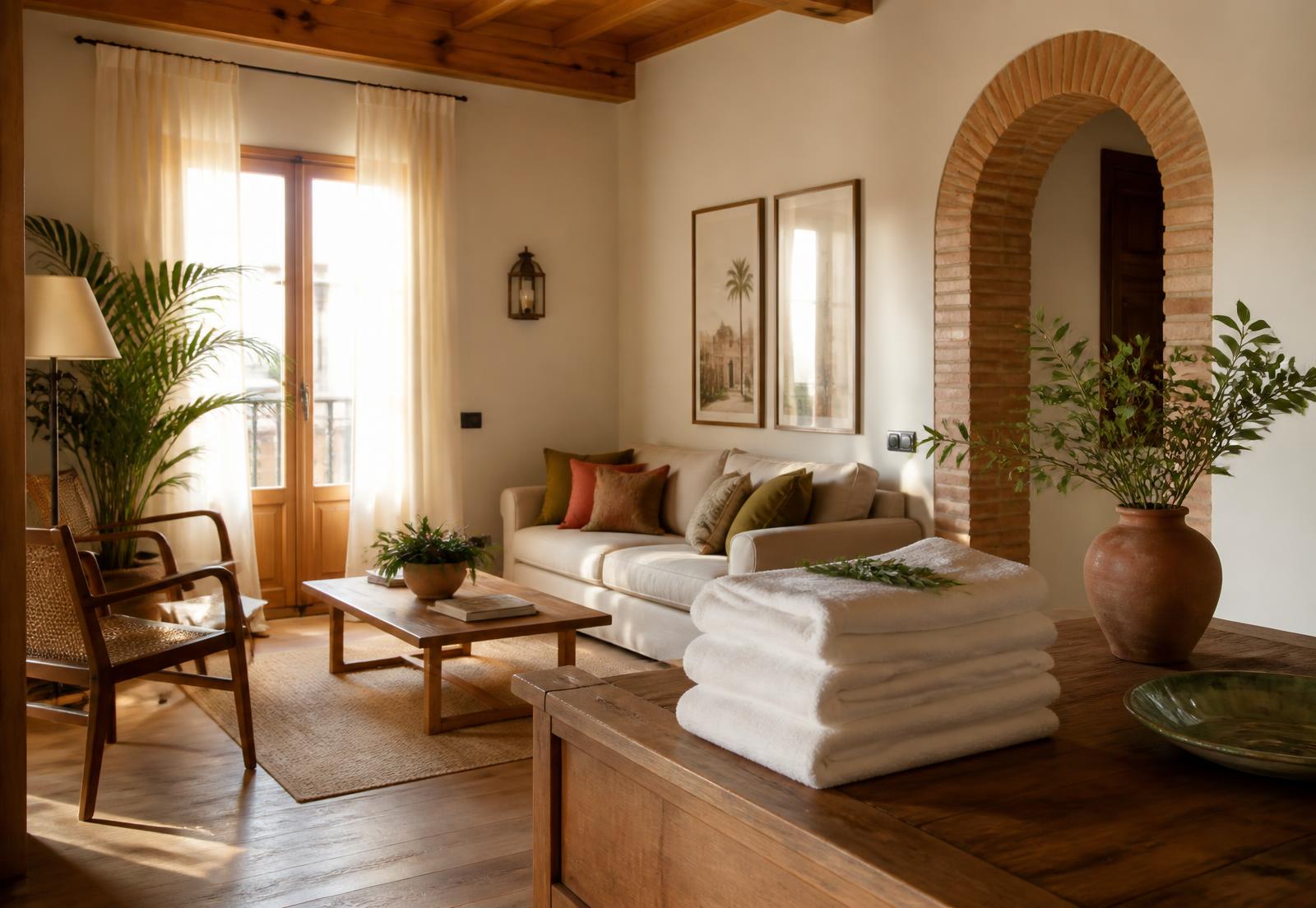 Salón de una casa española ordenada con luz natural y toallas dobladas